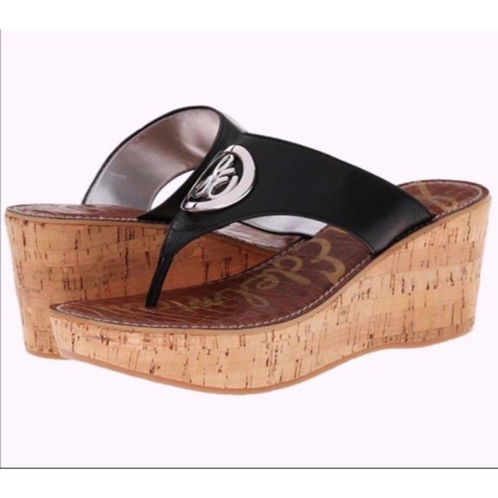 Sam Edelman Black Leather Platform Wedge Sandals